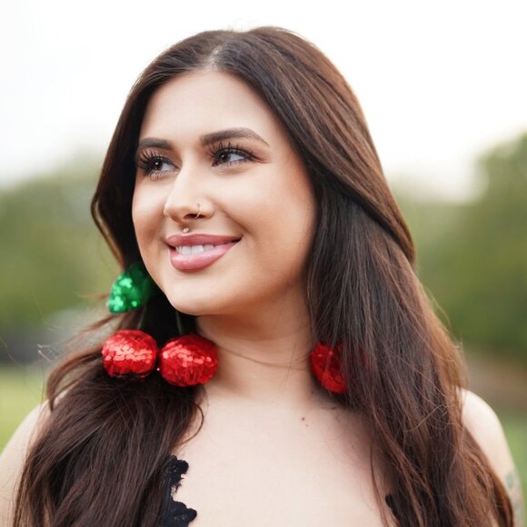 DiscoFruits Plush Sparkly Sequin Statement Disco Cherry Earrings in Red & Green - Picture 2 of 5